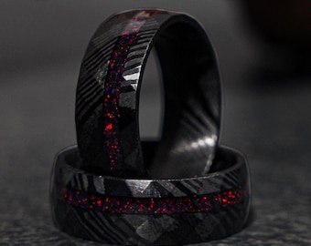 Men’s Damascus Steel Ring, Red Opal Wedding Band, Unique Groom’s Ring, Rustic Damascus Band, Red Opal Men&#39;s Ring, Wedding Jewelry