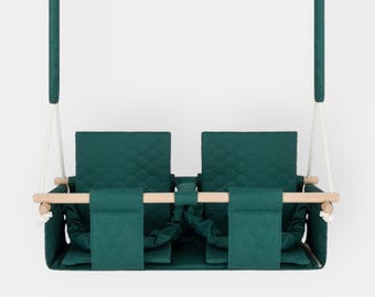 Dark Green Waterproof Baby Twin Swing, Indoor Nursery Seat for Two (Adjustable Ropes)