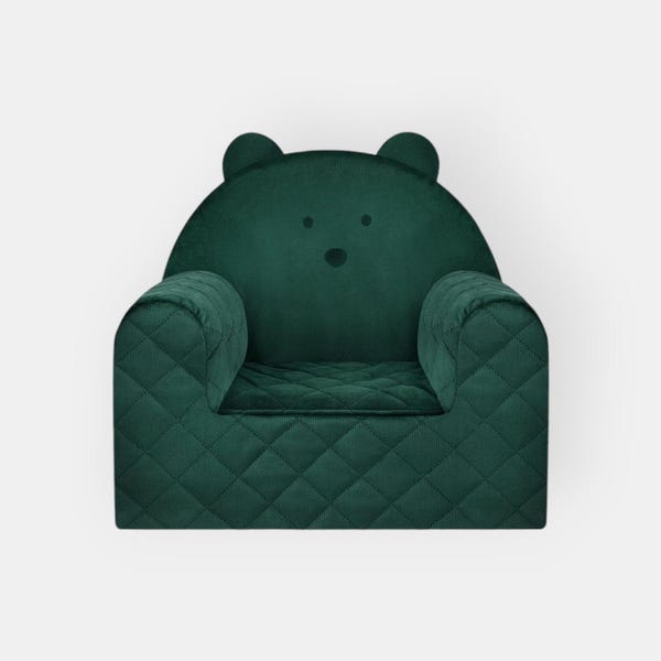 Kids Green Bear Sofa Chair, Quilted Velvet 2 Side Pockets
