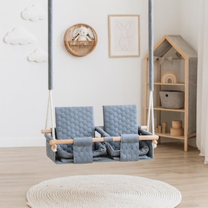 Waterproof twin swing in light grey, double seat with safety belts - product photo on a plain background