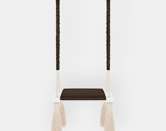 Kids Indoor Swing, Wooden Board with Quilted Velvet Seat - Boho Nursery and Playroom Decor Brown - Birthday and Christmas Gift