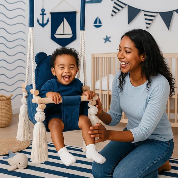 Columpio De Interior Nido Mágico – Asiento De Terciopelo Beige 60 Cm Con Pompones Y Cuerdas De Algodón