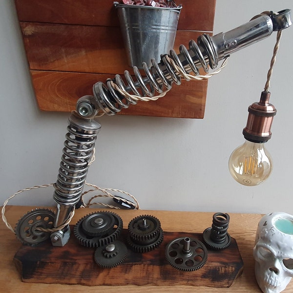 Handmade Motorcycle Themed Lamp Upcycled.