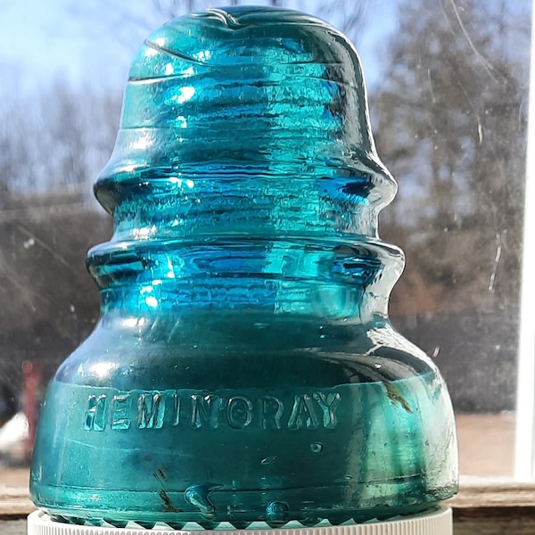 Vintage HEMINGRAY No. 40 RR, Telephone Glass Insulator Aqua Blue