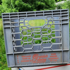 May include: A gray plastic milk crate with a honeycomb design and a large oval opening. The crate has the text "Guida's Dairy" and "This case must be returned to" printed in red. The crate is sitting on top of a white and red box.