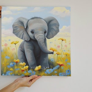 Schattige baby olifant olieverfschilderij, kinderkamer kunst aan de muur, handgemaakte kunstwerken, zachte en delicate kleuren