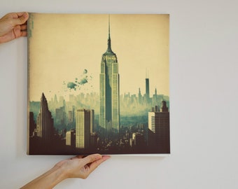 Vintage Retro Empire State Building Landscape with City View Digital Download Printable Wall Art Home Decor