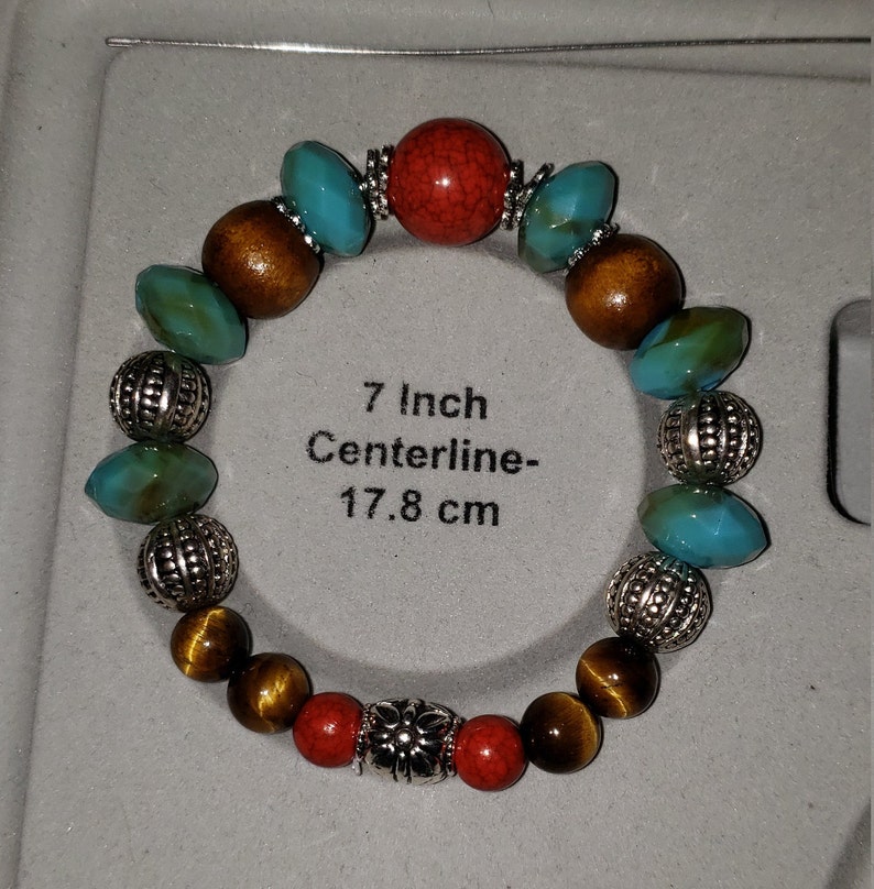 0041 Decorative red and blue beads with tigers eye elastic beaded braclet.