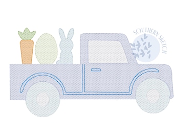 May include: A blue pickup truck with a bunny, an egg, and a carrot in the bed. The truck has a blue outline and the words "Southern Stitch" are on the side.