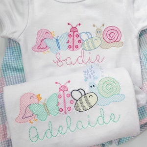 Archivo de diseño de bordado a máquina de 4 x 4, 5 pt5", 5 x 7, 6 x 10, con diseño de mariposa, pájaro, mariquita y caracol para bordado rápido con boceto de niña de primavera