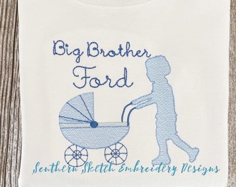 Big Brother Pushing Pram Stroller Sketch Fill Light Fill Boy Silhouette Machine Embroidery Design File 5x7, 6x10