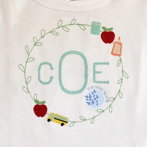 Back to School Monogram Frame Teacher Apple, School Bus, Blue, Notebook Machine Embroidery Design File 4x4, 5x7, 6x10