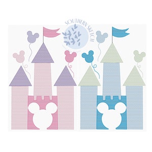 Mouse Castle with Mouse Balloons Sketch Fill, Light Fill Machine Embroidery Design 4x4, 5x7, 6x10