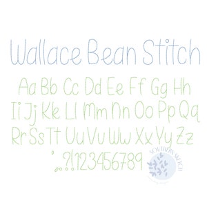 Wallace Machine Bordado Font Bean Stitch Floss Classic Handwritten Print Style Letras mayúsculas y minúsculas BX .75", 1", 1.5", 2", 2.5"
