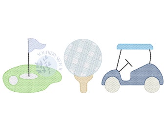 Gingham Golf Trio Sketch Fill Machine Embroidery Design Spring Summer Boy Girl Sports Golf Cart Instant Digital Download 4x4, 5", 5x7, 6x10