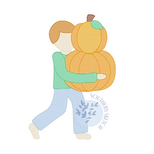 Fall Pumpkin Boy Machine Embroidery Design Sketch Light Fill Thanksgiving Instant Digital Download File 4x4, 5in, 5x7, 6x10