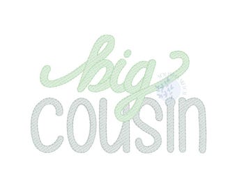 May include: A white background with the words "big cousin" in a script font. The word "big" is in a light green script, and the word "cousin" is in a gray, block-style font.