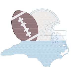 May include: A blue outline of the state of North Carolina with a brown football and a white football helmet on top. The text "Southern Kick" is in the upper right corner of the image.