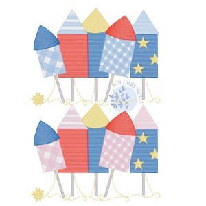 Gingham Firework Rockets 4th of July Sketch Fill Light Fill Machine Embroidery Design 5", 5x7, 6x10