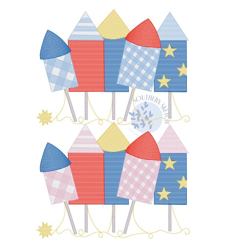 Gingham Firework Bow Trio 4th of July Rockets Sketch Fill - Etsy
