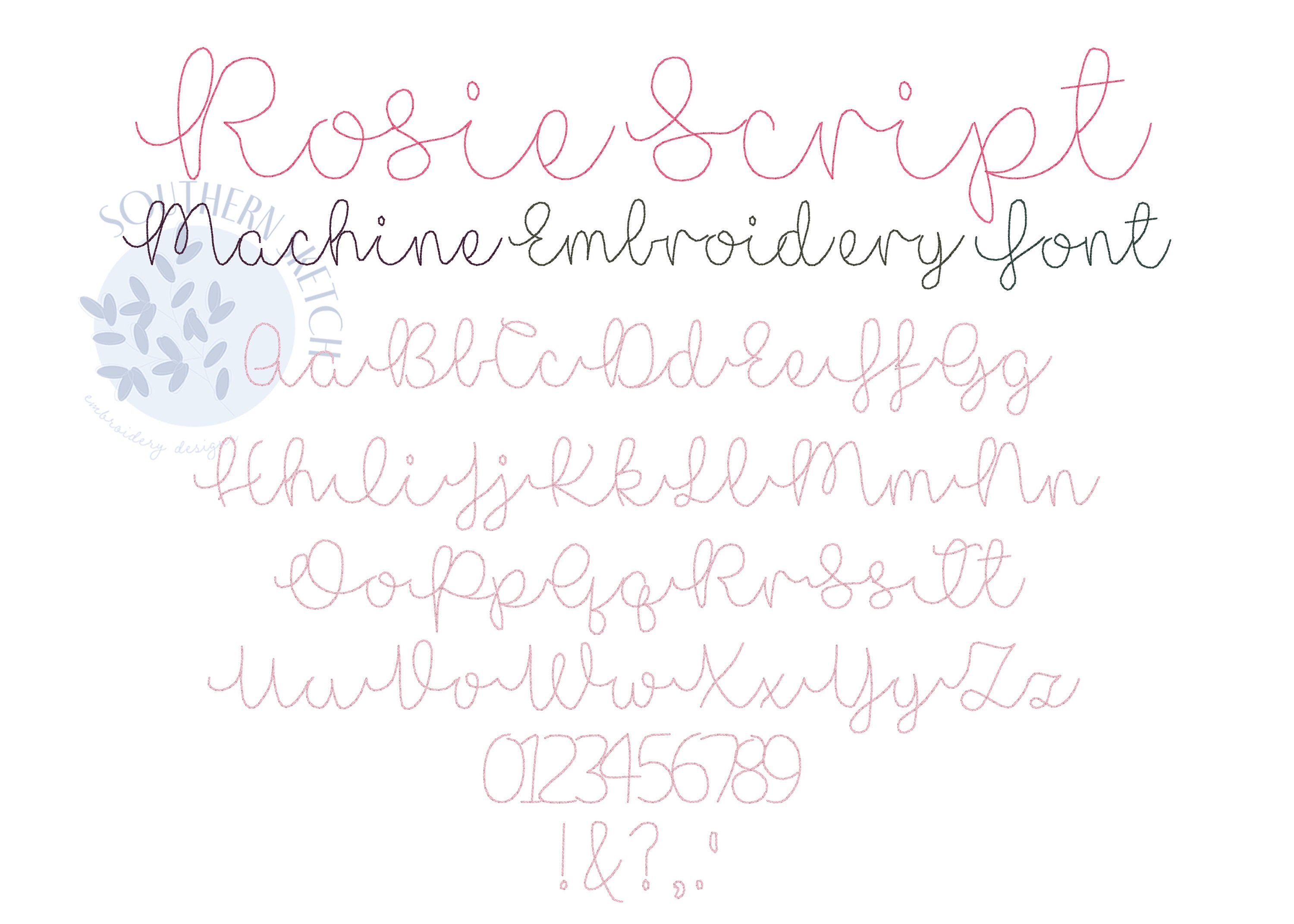Rosie Script Machine Embroidery Font Bean Stitch Classic Cursive Style Floss Font + BX File .5", .75", 1", 1.5", 2"