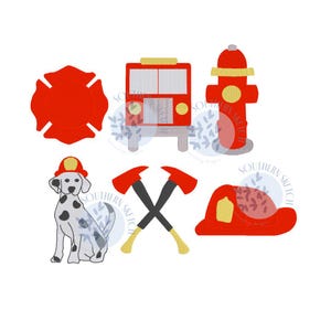 May include: A set of red and white firefighter themed embroidery designs. The designs include a fire truck, a fire hydrant, a dalmatian dog, a firefighter's hat, and an axe.