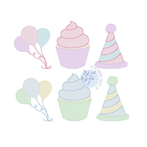 Happy Birthday Trio Balloons, Cupcake, Party Hat Sketch Fill Light Fill Machine Embroidery Digital Download Design 4x4, 5&quot;, 5x7, 6x10