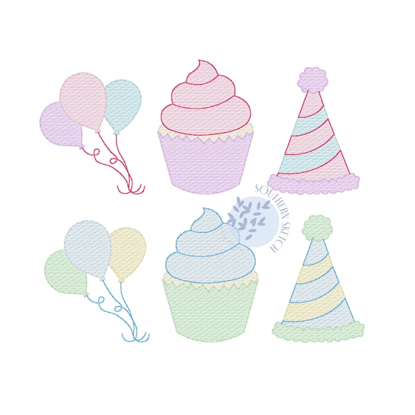 Happy Birthday Trio Balloons, Cupcake, Party Hat Sketch Fill Light Fill Machine Embroidery Digital Download Design 4x4, 5", 5x7, 6x10