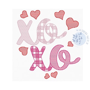 May include: Embroidered design of "xo xo" in pink and red with a gingham pattern. The design is surrounded by small red hearts.