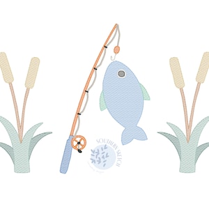 Fish Fishing Pole with Cattails Sketch Machine Embroidery Design File Light Fill 4x4, 5x7, 6x10 Quick Stitch