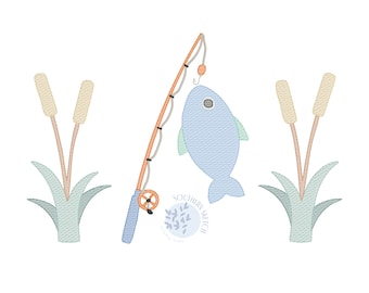 Fish Fishing Pole with Cattails Sketch Machine Embroidery Design File Light Fill 4x4, 5x7, 6x10 Quick Stitch