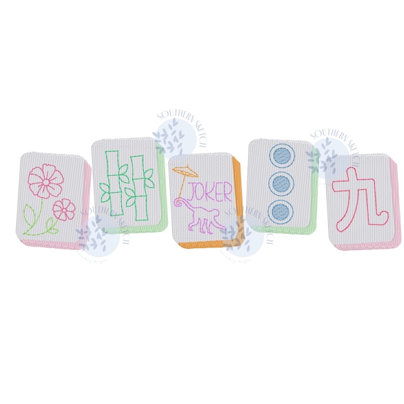 Mini Fill Stitch Mah Jong Tiles Mahjong Bam, Crack, Dot, Joker, Flower Mom Towel Cocktail Napkin Machine Embroidery Design File 1", 1.5", 2"