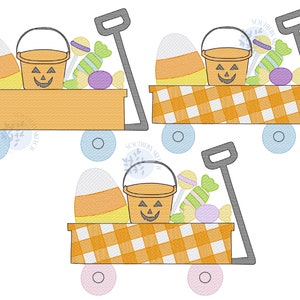 May include: An embroidered Halloween-themed wagon filled with candy corn, a jack-o'-lantern bucket, and various candies. The wagon is orange with a gray handle and blue wheels. One wagon has an orange and white checkered pattern.