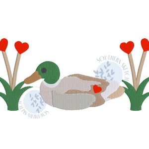 Fill Stitch Heart Mallard Cattails Duck Hunting Valentine&#39;s Day Girl Boy Machine Embroidery Design Instant Digital Download 7 sizes large