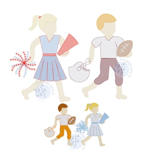 May include: Four children dressed in blue and red outfits, two girls holding cheerleading pom-poms and megaphones, and two boys holding a football and a helmet. The children are walking and smiling.