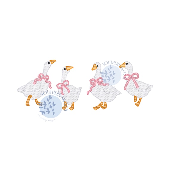 Grandmillennial Geese Silly Goose Bow Baby Girl Nursery Newborn Birthday Sketch Light Fill Machine Embroidery Design 4x4, 5" 6", 5x7, 6x10