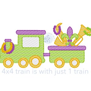 May include: A green and purple train with a yellow train car. The train car has a fleur-de-lis, a trumpet, and a necklace on top. The text "The 4x4 train is with just 1 train cart" is below the train.