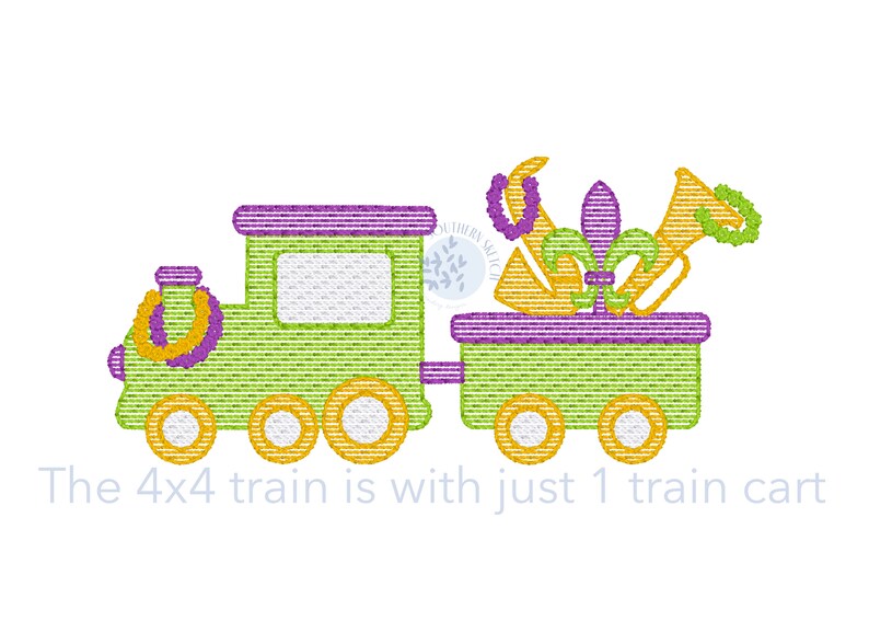 May include: A green and purple train with a yellow train car. The train car has a fleur-de-lis, a trumpet, and a necklace on top. The text "The 4x4 train is with just 1 train cart" is below the train.