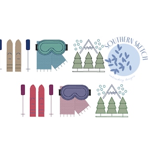 May include: A set of four embroidery designs featuring winter-themed illustrations. The designs include a pair of skis and poles, a pair of ski goggles, a mountain range with pine trees, and a blue circle with leaves. The text "SOUTHERN SKETCH embroidery designs" is included in the image.