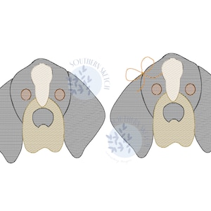 May include: An embroidered design featuring a dog's face, with gray ears, a tan muzzle, and brown eyes. One version has a gold bow. The design is likely for embroidery or applique projects.