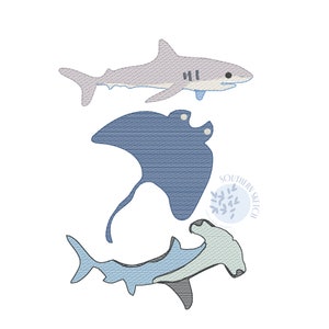 Shark Stingray Trio Ocean Fish Sketch Light Fill Machine Embroidery Digital Download Design File 4x4, 5x7, 6x10 (with name)