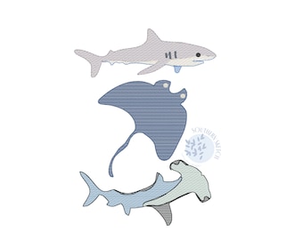 Shark Stingray Trio Ocean Fish Sketch Light Fill Machine Embroidery Digital Download Design File 4x4, 5x7, 6x10 (with name)