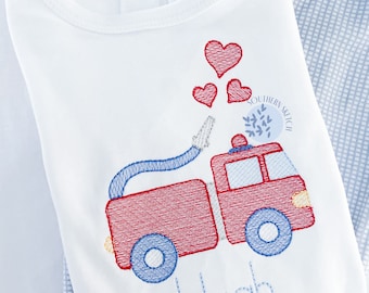 Valentine&#39;s Day Firetruck Sketch Fill Machine Embroidery Firetruck with Hose and Hearts Design 4x4, 5x7, 6x10