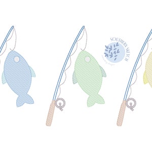 Fishing Pole Trio Fish Sketch Fill Light Fill Summer Boy Girl Machine Embroidery Design Instant Digital Download 4x4, 5&quot;, 5x7, 6x10