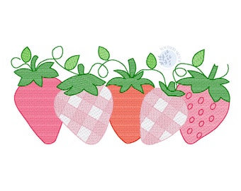 Gingham Strawberry Patch Vine Spring Summer Sketch Light Fill Machine Embroidery Design Pattern Digital Download 4x4, 5&quot;, 6&quot;, 5x7, 6x10