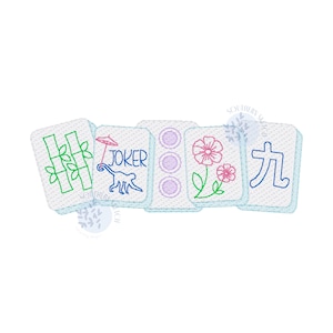May include: Five embroidered Mahjong tiles with various symbols and characters. The tiles feature green bamboo stalks, a blue monkey with the word "JOKER", three purple circles, pink flowers, and a blue Chinese character. The tiles are on a white background.