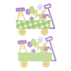 May include: A green and white wagon with a purple jester hat, green and yellow balloons, and a purple stool. The wagon has yellow wheels and a purple handle.