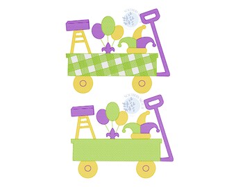 Gingham Mardi Gras Wagon Ladder, Balloons, Fleur De Lis, Jester Hat Boy Girl Machine Embroidery Design Sketch Light Fill Pattern in 4 sizes