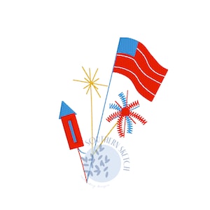 May include: A red, white, and blue American flag with a red and blue firework, a red and blue rocket, and a gold sparkler. The text "Southern Sketch" is written in a circle.