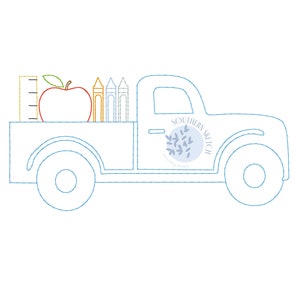 Simple Bean Stitch Back to School Pickup Truck Boy Apple, Ruler, Crayons Machine Embroidery Design Digital Download 4x4, 5&quot;, 5x7, 6x10